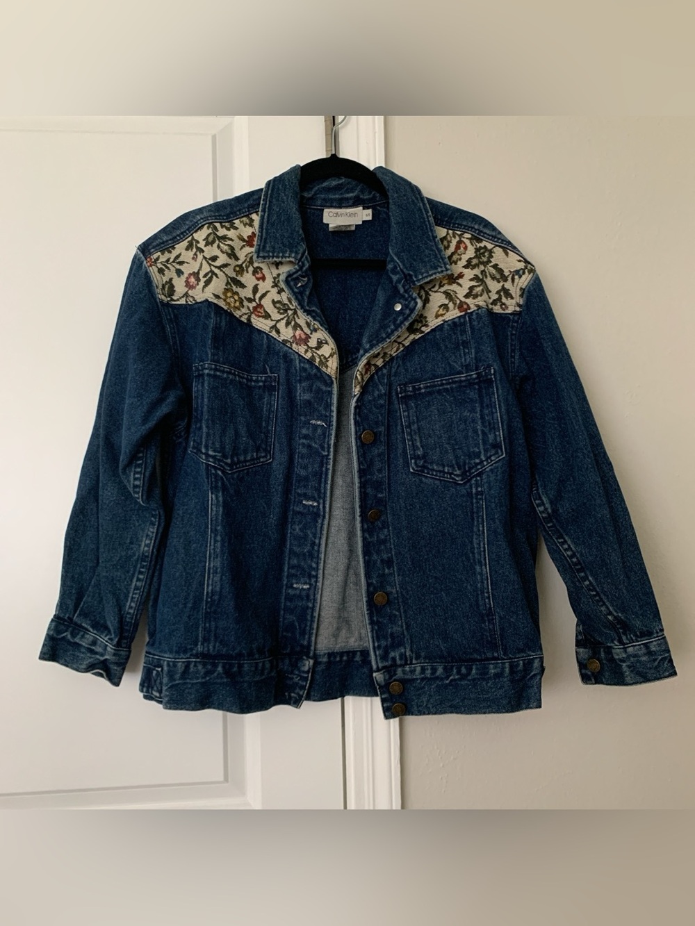 Vintage Dark Wash Calvin Klein Denim Jacket with Floral Collar Yoke